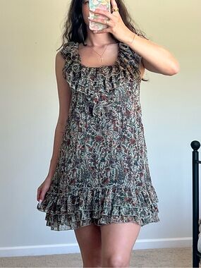 Ruffled Floral Sleeveless Mini Dress - Brown Multi
